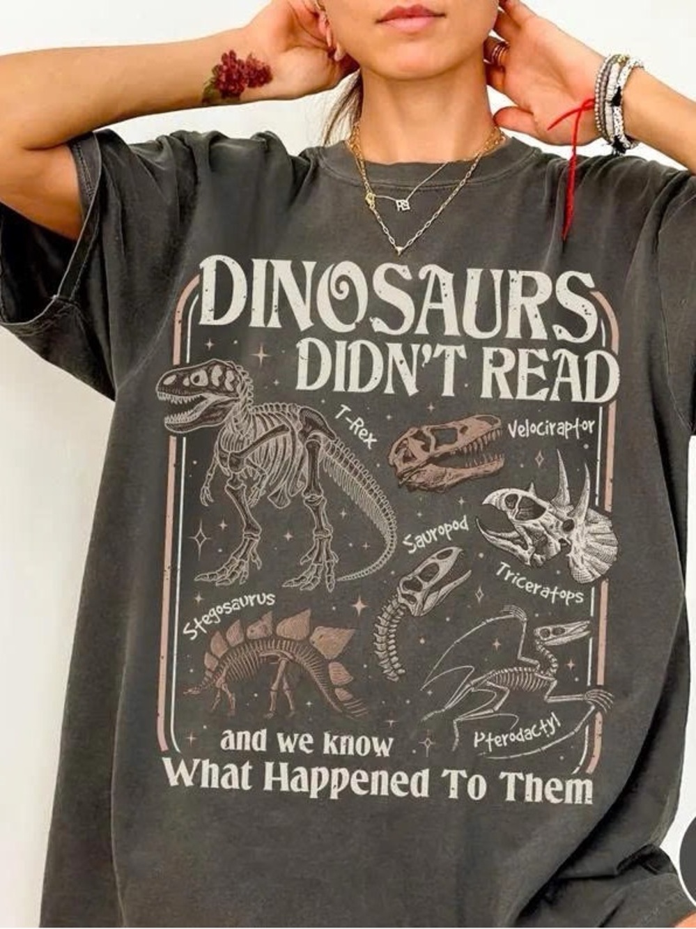 DINOSAURS DIDN'T READ Graphic Tee - Charcoal with Cream Print